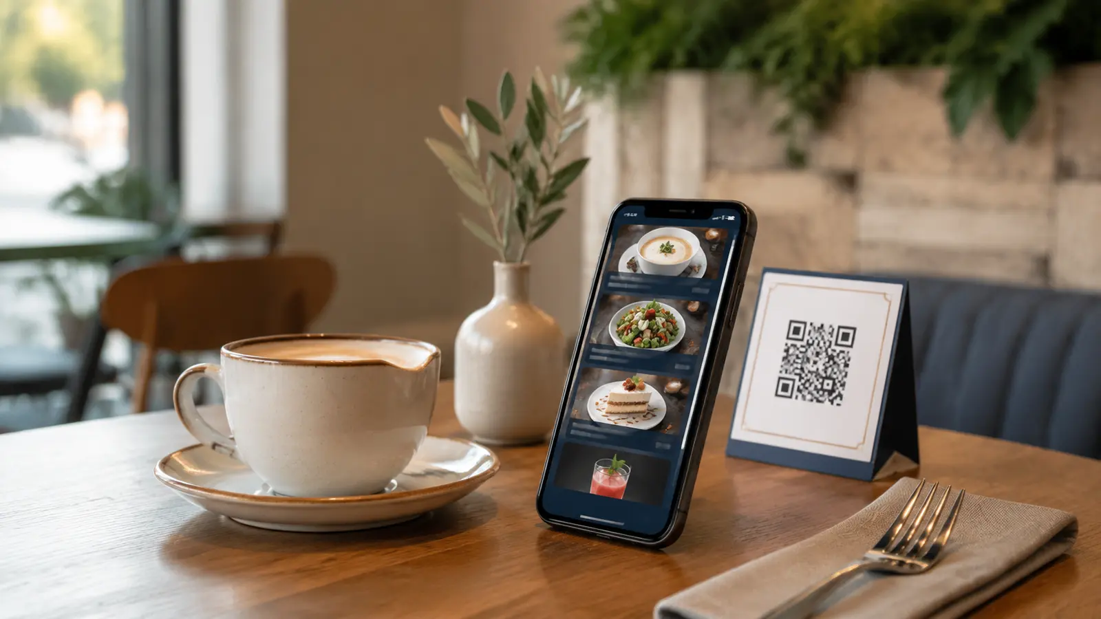 Akhisar’daki bir kafede akıllı telefondan açılan mobil uyumlu QR dijital menü ve masa üzerindeki karekod kartı