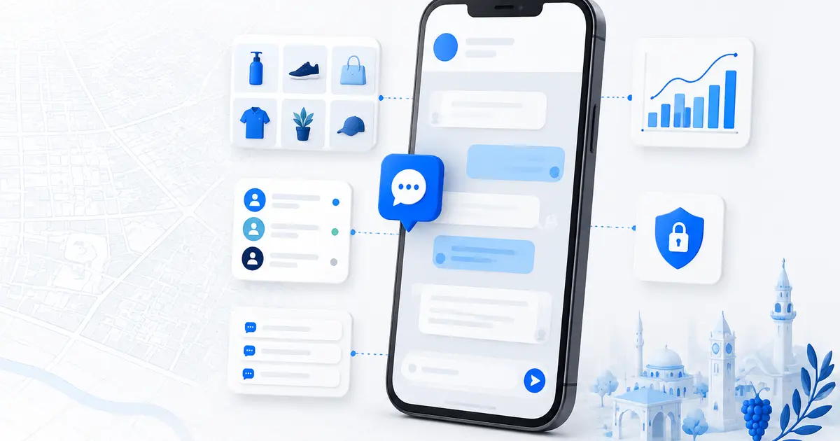 Akhisar işletmeleri için WhatsApp Business katalog, müşteri etiketi, mesaj ve performans yönetimini gösteren mavi beyaz dijital illüstrasyon