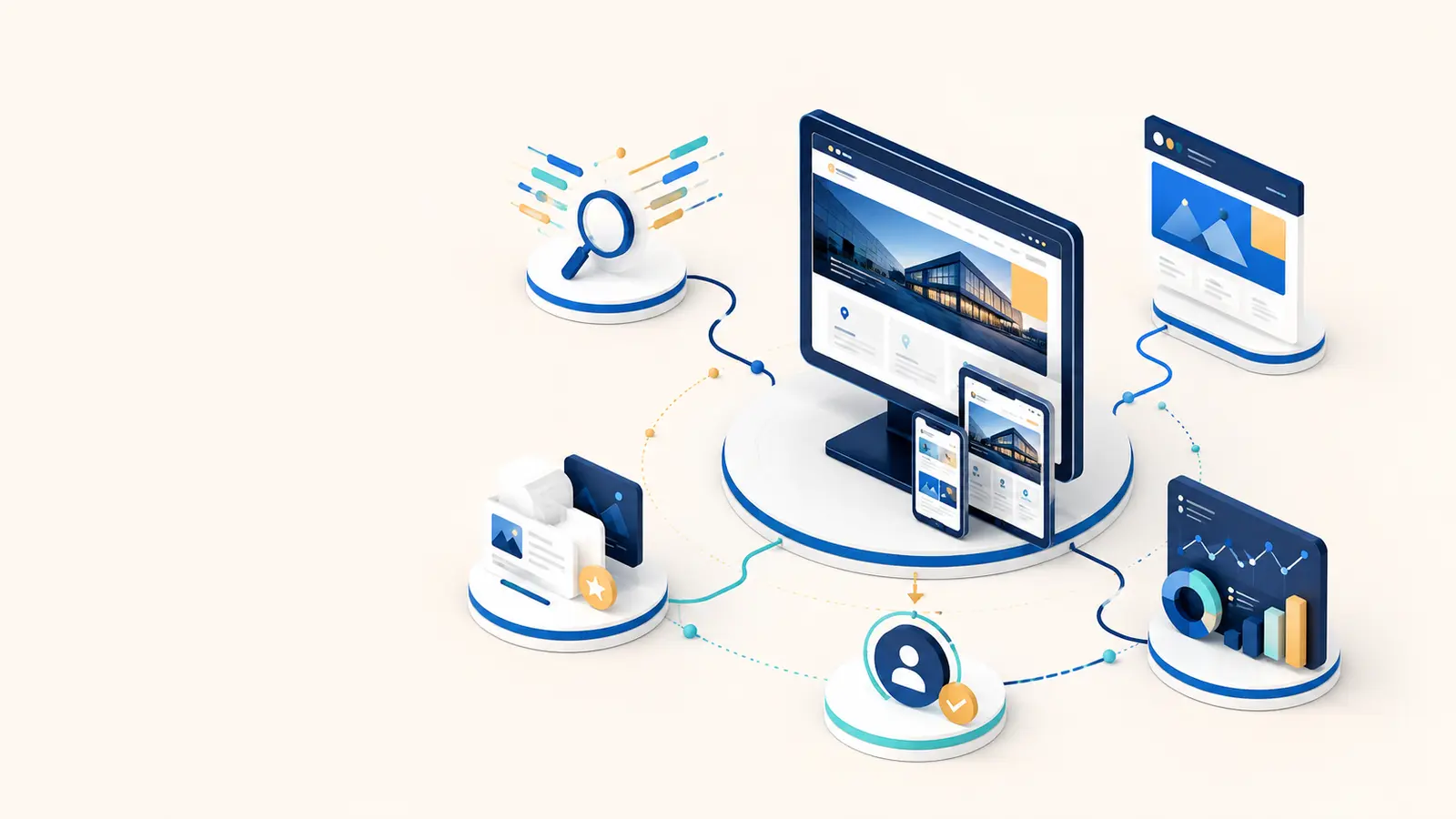 Web sitesi merkezinde SEO, içerik, reklam, müşteri ve ölçüm katmanlarının bağlı olduğu dijital büyüme sistemi