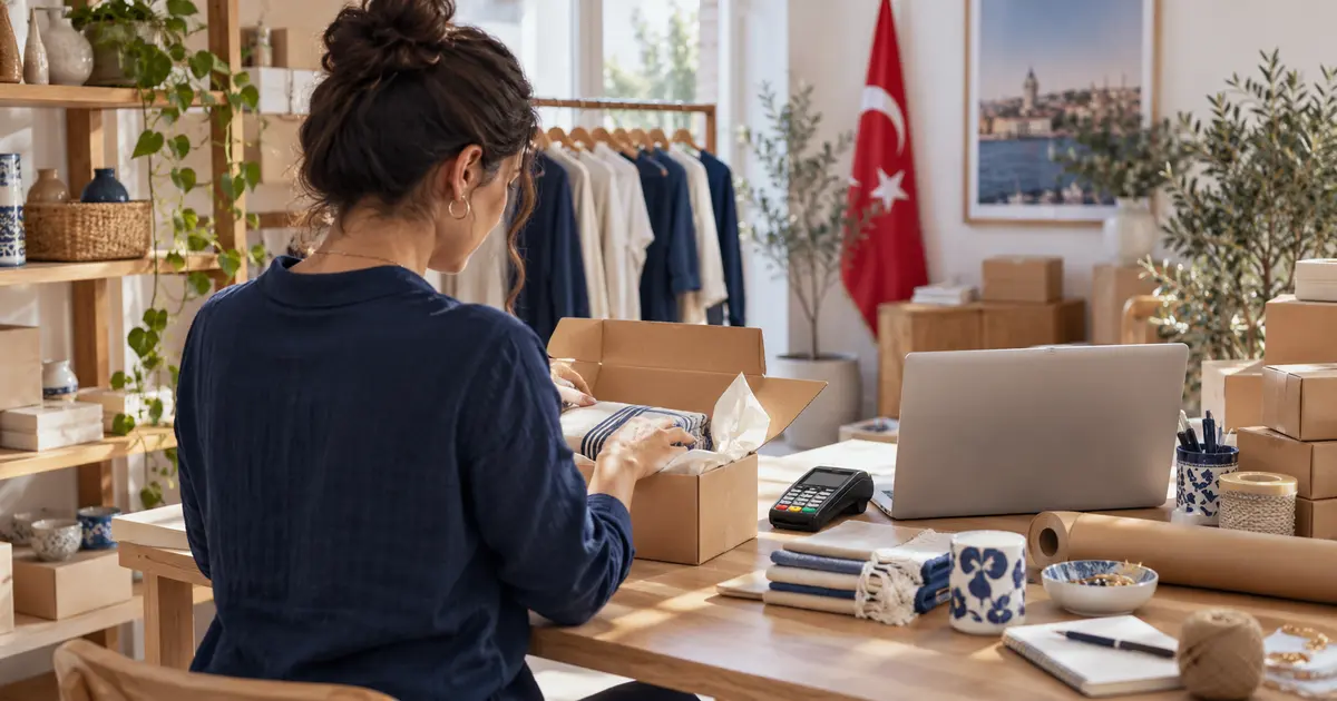 Türkiye'de e-ticaret sitesi açmak için ürünlerini paketleyen işletme sahibi