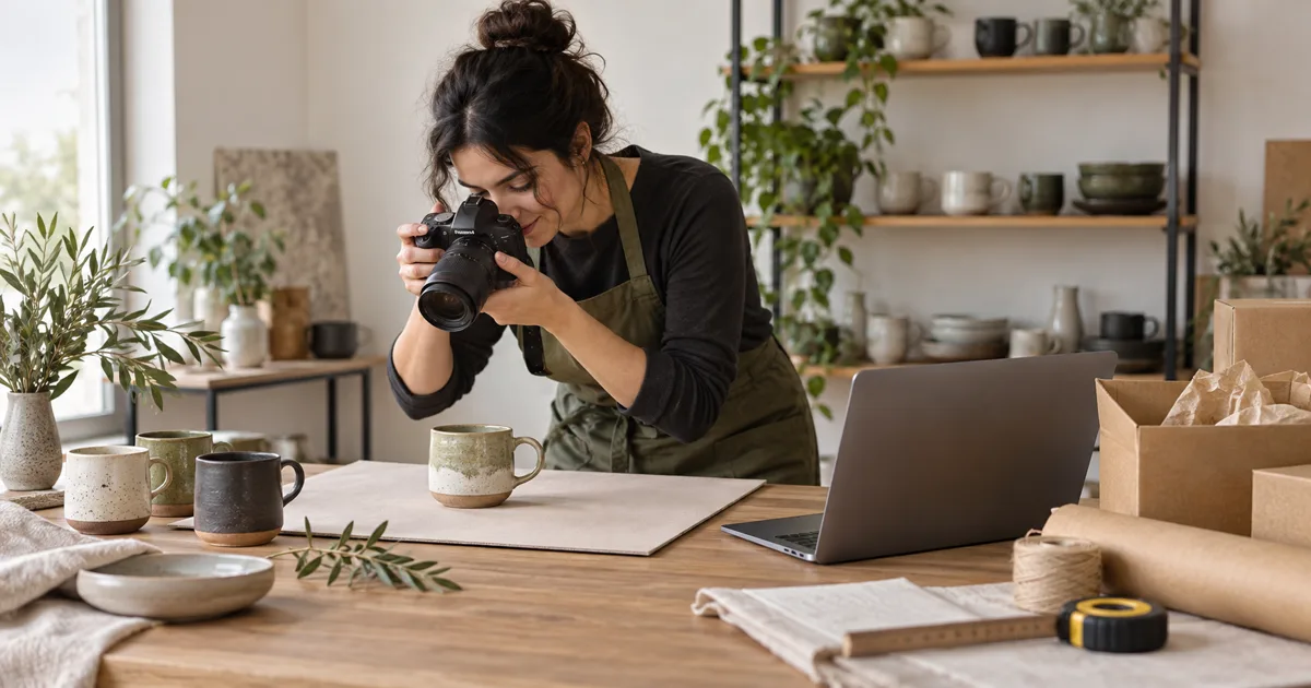 Ürün fotoğrafı, paket ve dizüstü bilgisayardaki sade e-ticaret ürün sayfasını inceleyen satıcı