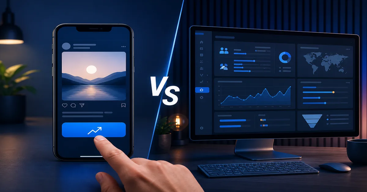 Telefondaki basit gönderi tanıtımı ile masaüstündeki ayrıntılı reklam yönetim panelinin karşılaştırılması