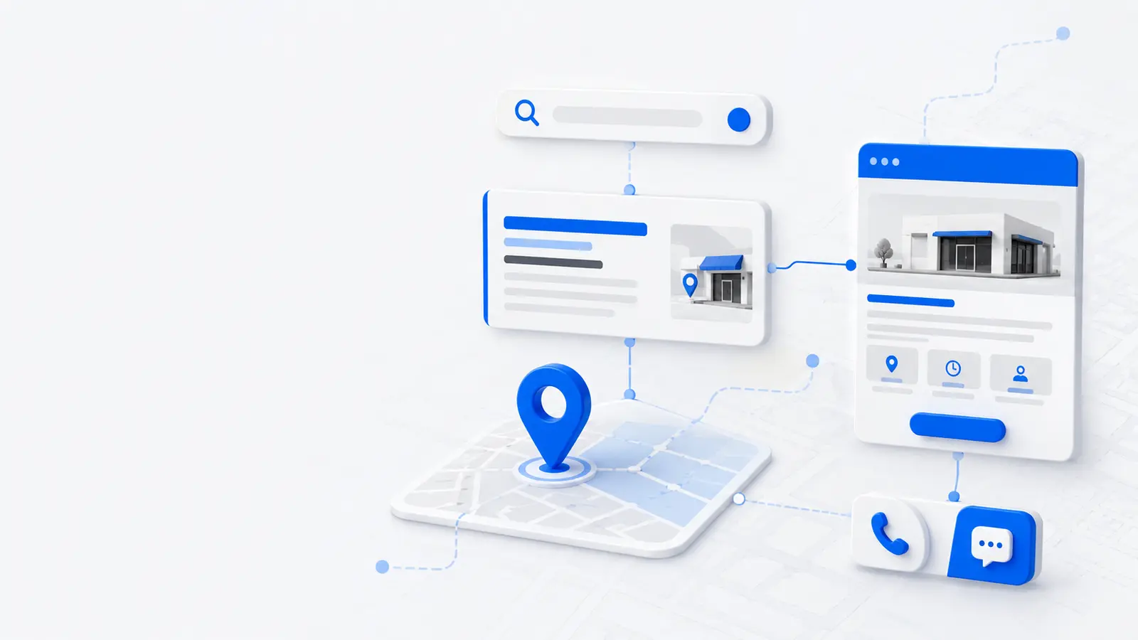 Yerel arama yapan kullanıcıyı işletme sayfası ve telefon veya mesaj dönüşümüne bağlayan Google Ads sistemi illüstrasyonu