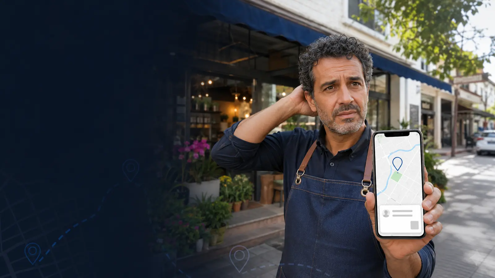 İşletmesi dijital haritada bulunmayan yerel dükkân sahibi ve eksik konum kaydını gösteren telefon
