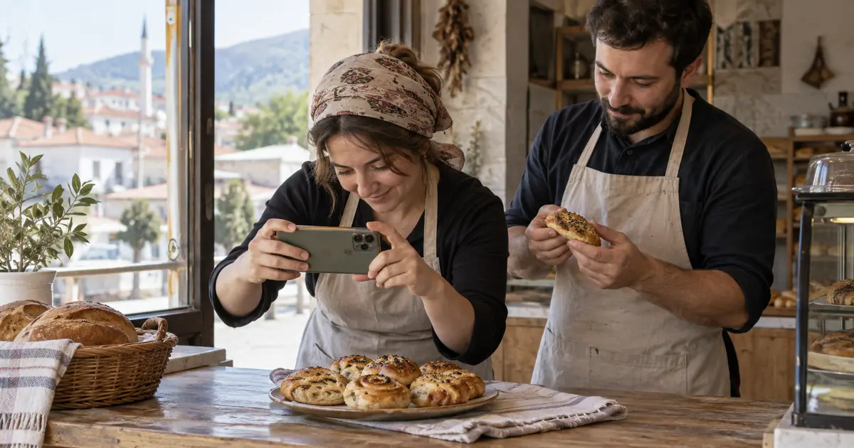 Kırkağaç'taki fırında Instagram reklamı için ürün fotoğrafı hazırlayan işletme sahipleri