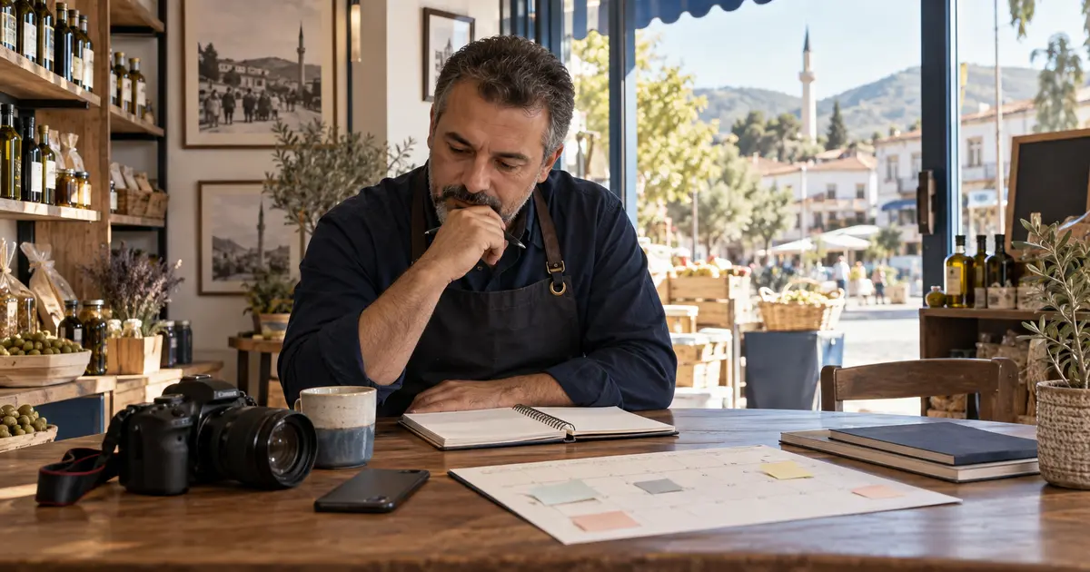 Kırkağaç'taki işletmesinde sosyal medya içerik takvimi ve bütçesi planlayan işletme sahibi