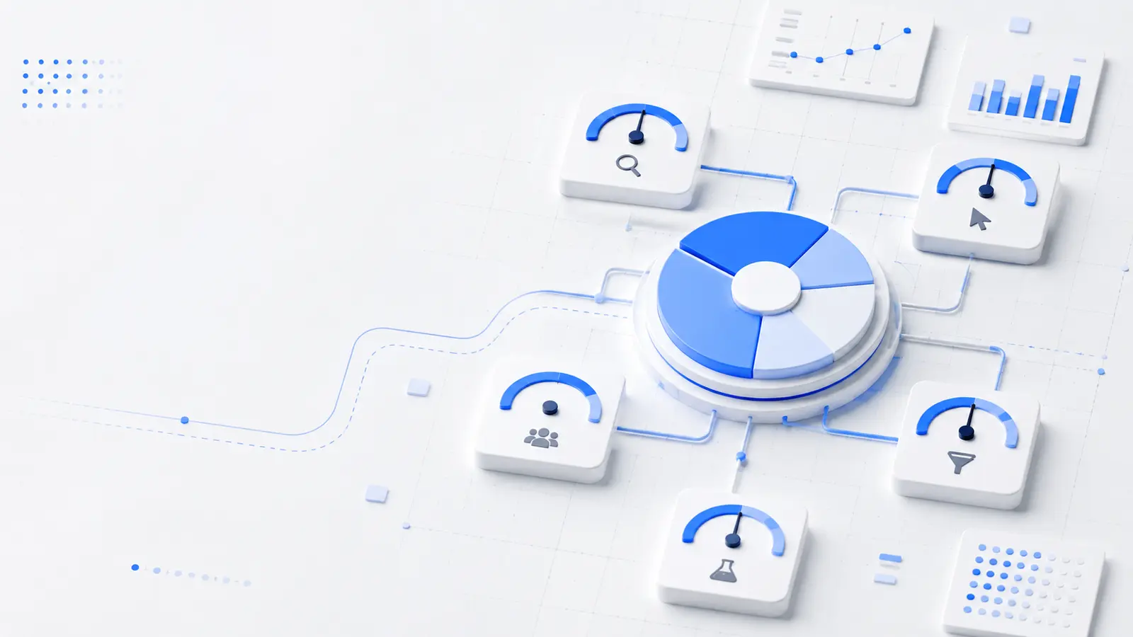Küçük işletme Google Ads bütçesinin arama talebi, tıklama, hedef kitle, test ve dönüşüm alanlarına kontrollü dağıtımını gösteren illüstrasyon