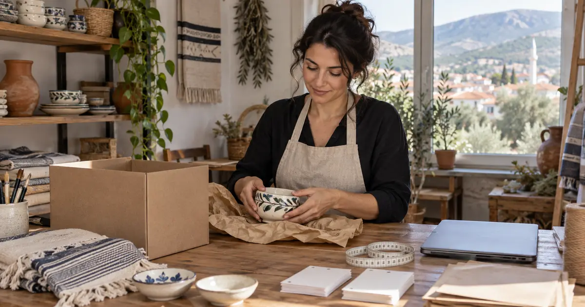 Soma'daki küçük atölyede e-ticaret sitesi için ürünü ve kargo paketini hazırlayan işletme sahibi