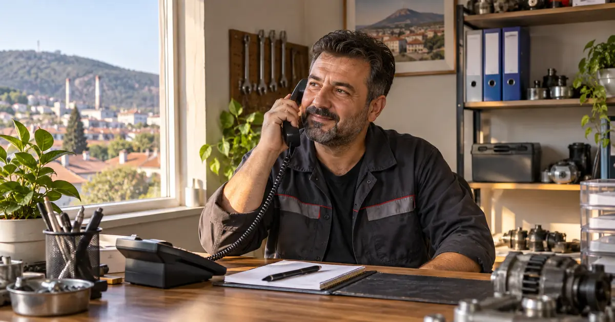 Soma'daki küçük servis işletmesinde müşteriye geri dönüş için telefonu alan işletme sahibi